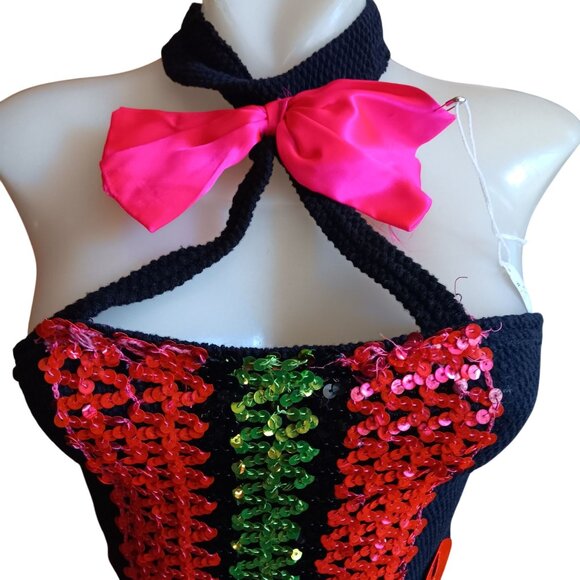 Medium Vintage 70's Halter Sequin Tutu Dress With Pink Bow & Green Ruffle Trim - Picture 3 of 7